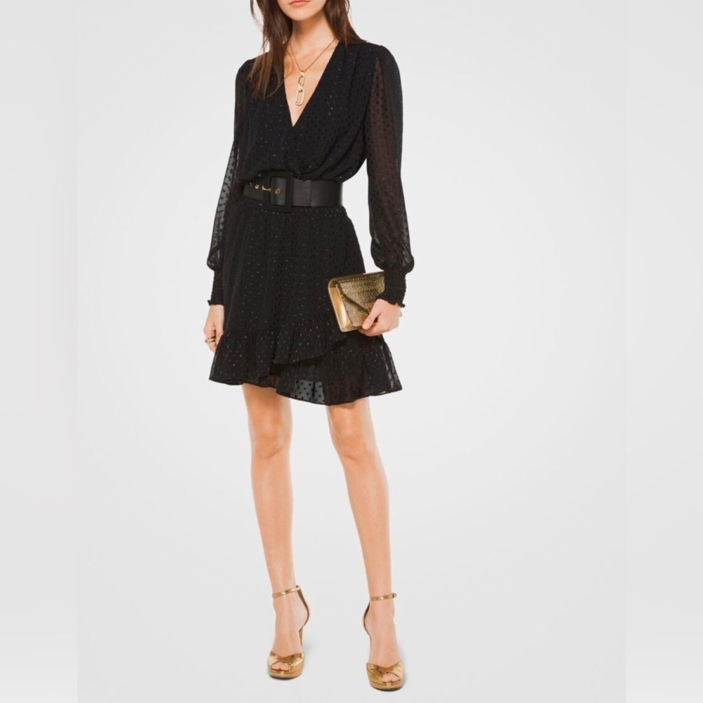 MICHAEL KORS V Neck Frill Long Sleeve Lined Dress, Size M